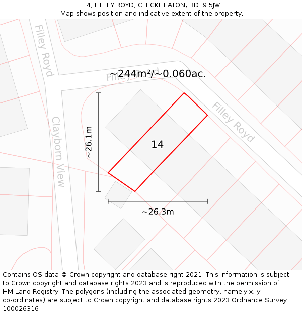 14, FILLEY ROYD, CLECKHEATON, BD19 5JW: Plot and title map