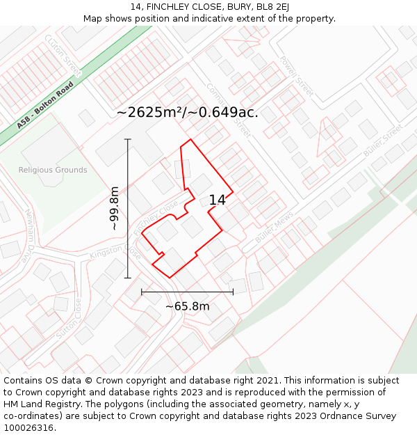 14, FINCHLEY CLOSE, BURY, BL8 2EJ: Plot and title map