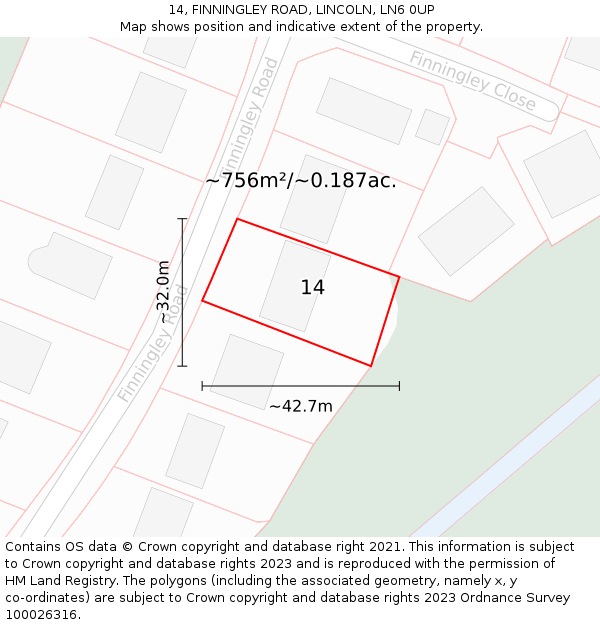 14, FINNINGLEY ROAD, LINCOLN, LN6 0UP: Plot and title map