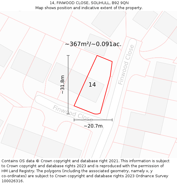 14, FINWOOD CLOSE, SOLIHULL, B92 9QN: Plot and title map