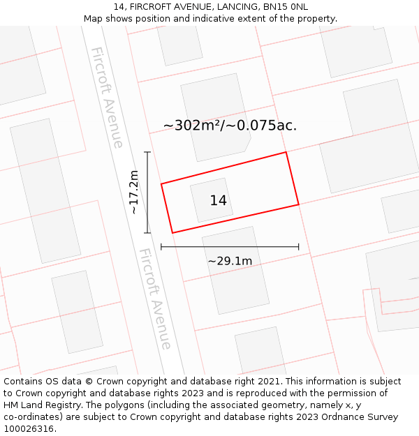 14, FIRCROFT AVENUE, LANCING, BN15 0NL: Plot and title map