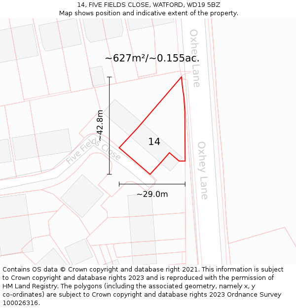 14, FIVE FIELDS CLOSE, WATFORD, WD19 5BZ: Plot and title map