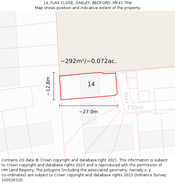 14, FLAX CLOSE, OAKLEY, BEDFORD, MK43 7PW: Plot and title map