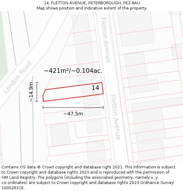 14, FLETTON AVENUE, PETERBOROUGH, PE2 8AU: Plot and title map