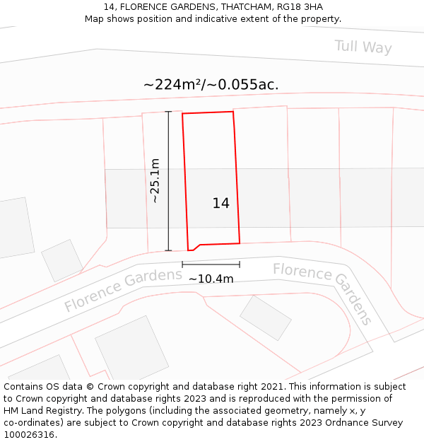 14, FLORENCE GARDENS, THATCHAM, RG18 3HA: Plot and title map