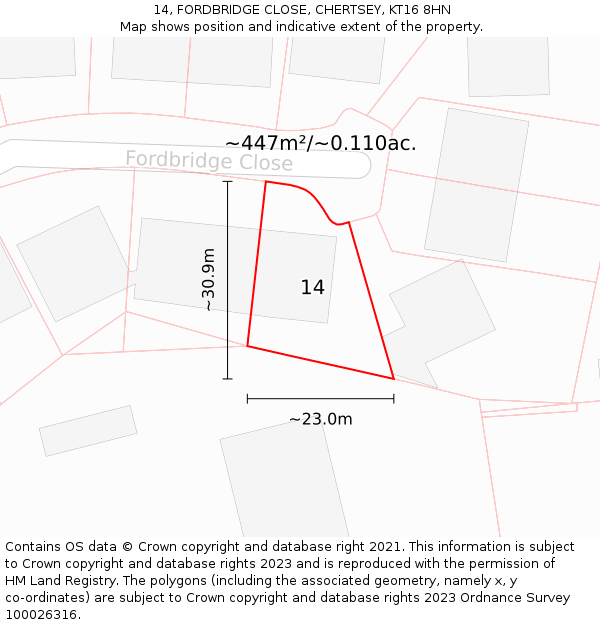 14, FORDBRIDGE CLOSE, CHERTSEY, KT16 8HN: Plot and title map