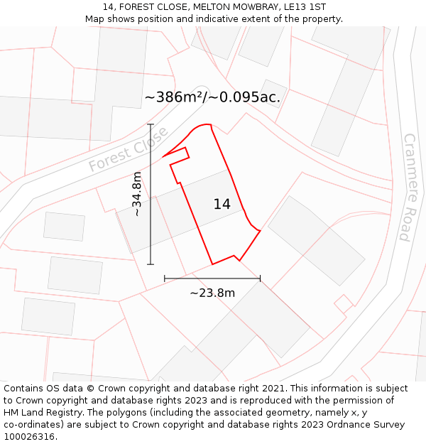 14, FOREST CLOSE, MELTON MOWBRAY, LE13 1ST: Plot and title map