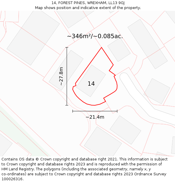 14, FOREST PINES, WREXHAM, LL13 9GJ: Plot and title map