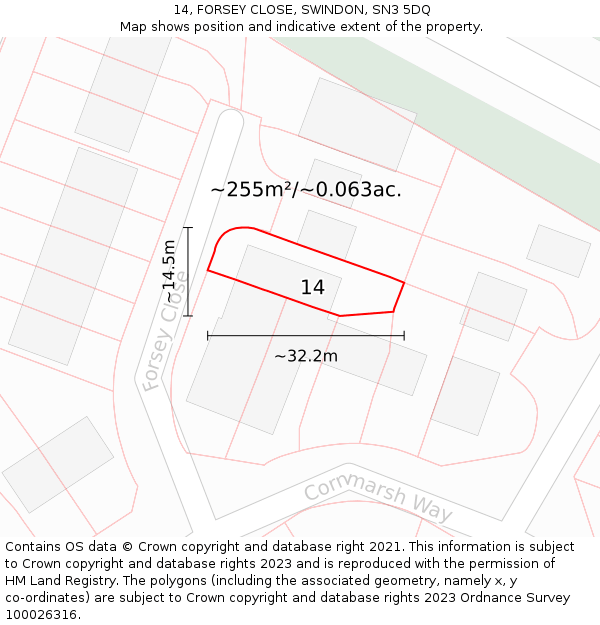 14, FORSEY CLOSE, SWINDON, SN3 5DQ: Plot and title map