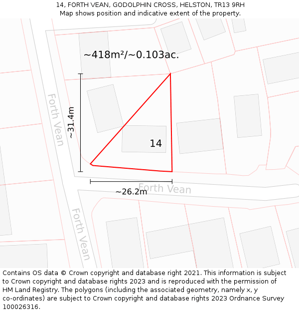 14, FORTH VEAN, GODOLPHIN CROSS, HELSTON, TR13 9RH: Plot and title map