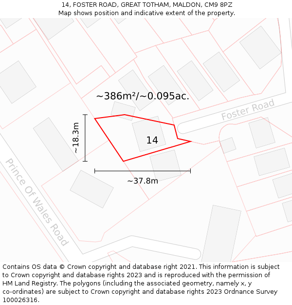 14, FOSTER ROAD, GREAT TOTHAM, MALDON, CM9 8PZ: Plot and title map