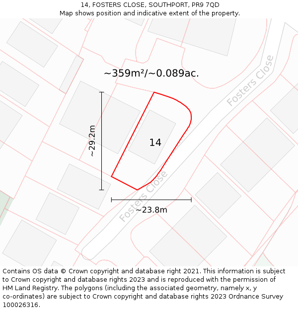 14, FOSTERS CLOSE, SOUTHPORT, PR9 7QD: Plot and title map