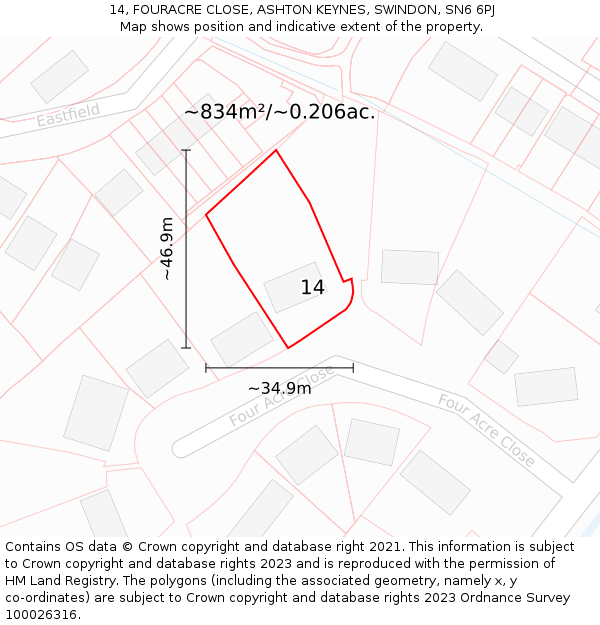 14, FOURACRE CLOSE, ASHTON KEYNES, SWINDON, SN6 6PJ: Plot and title map