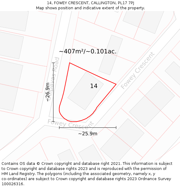 14, FOWEY CRESCENT, CALLINGTON, PL17 7PJ: Plot and title map