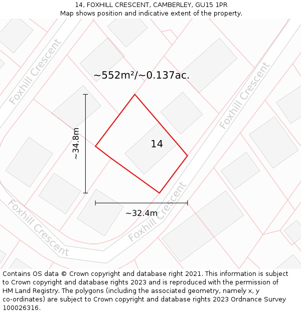 14, FOXHILL CRESCENT, CAMBERLEY, GU15 1PR: Plot and title map