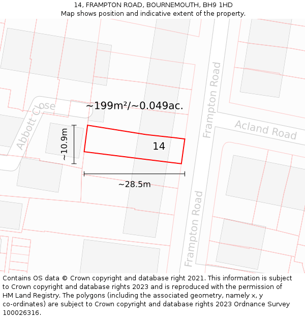 14, FRAMPTON ROAD, BOURNEMOUTH, BH9 1HD: Plot and title map