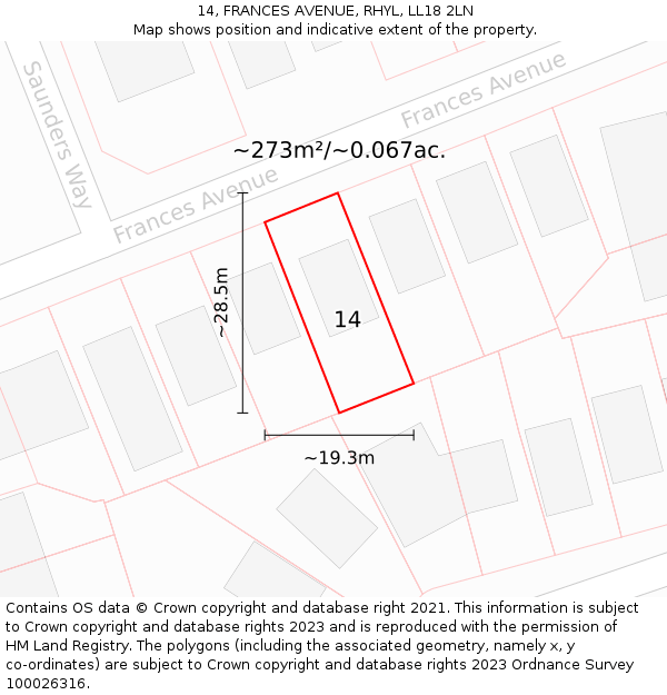 14, FRANCES AVENUE, RHYL, LL18 2LN: Plot and title map