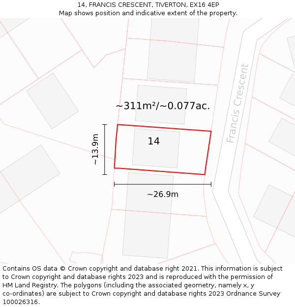 14, FRANCIS CRESCENT, TIVERTON, EX16 4EP: Plot and title map