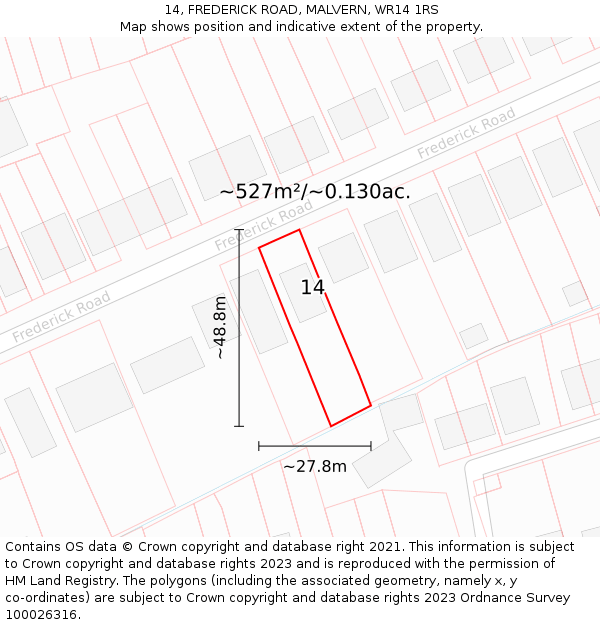 14, FREDERICK ROAD, MALVERN, WR14 1RS: Plot and title map