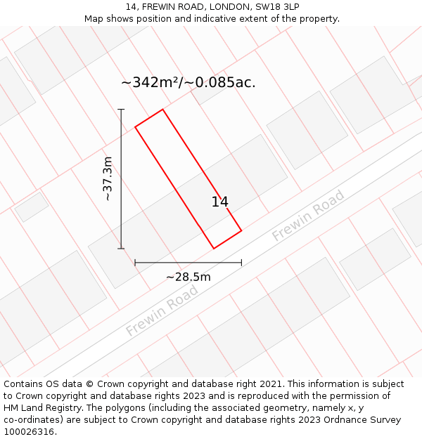 14, FREWIN ROAD, LONDON, SW18 3LP: Plot and title map