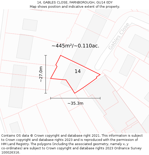 14, GABLES CLOSE, FARNBOROUGH, GU14 0DY: Plot and title map