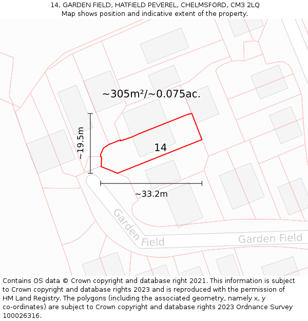 14, GARDEN FIELD, HATFIELD PEVEREL, CHELMSFORD, CM3 2LQ: Plot and title map