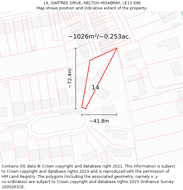 14, GARTREE DRIVE, MELTON MOWBRAY, LE13 0AE: Plot and title map