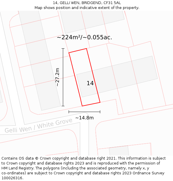 14, GELLI WEN, BRIDGEND, CF31 5AL: Plot and title map