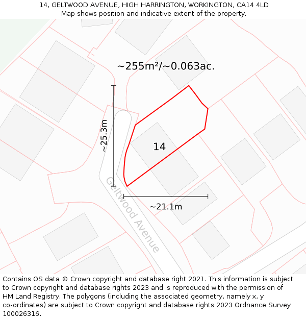 14, GELTWOOD AVENUE, HIGH HARRINGTON, WORKINGTON, CA14 4LD: Plot and title map