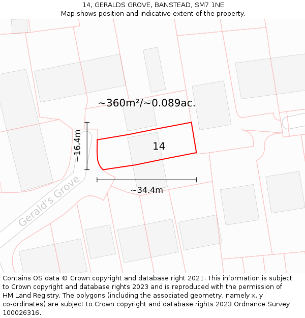 14, GERALDS GROVE, BANSTEAD, SM7 1NE: Plot and title map