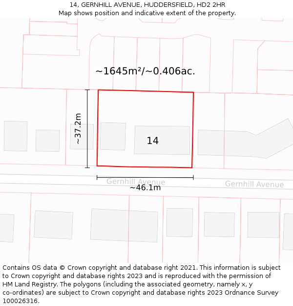 14, GERNHILL AVENUE, HUDDERSFIELD, HD2 2HR: Plot and title map