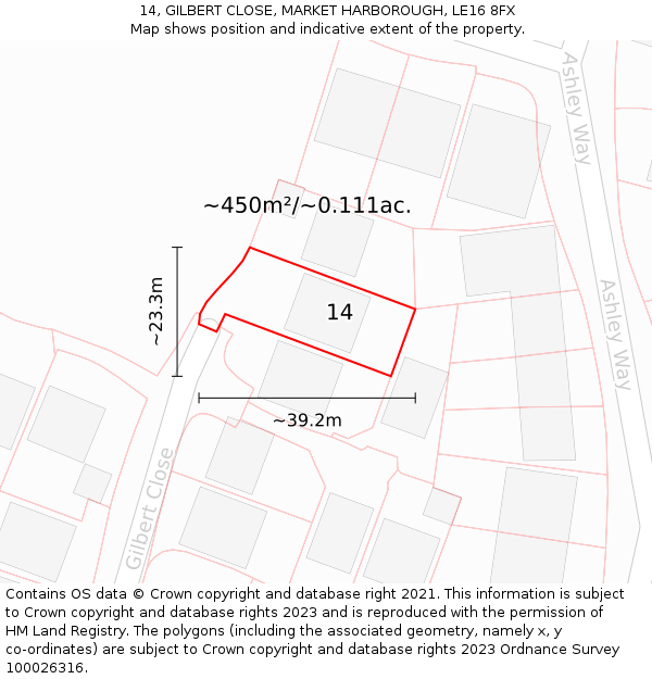 14, GILBERT CLOSE, MARKET HARBOROUGH, LE16 8FX: Plot and title map