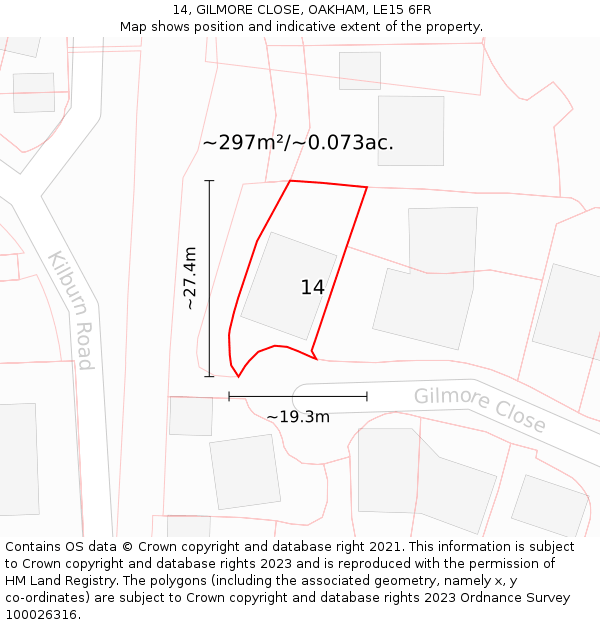 14, GILMORE CLOSE, OAKHAM, LE15 6FR: Plot and title map