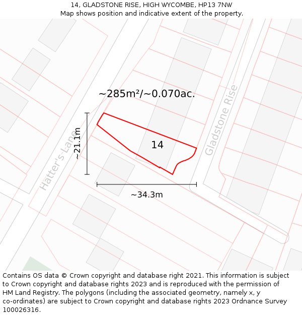 14, GLADSTONE RISE, HIGH WYCOMBE, HP13 7NW: Plot and title map