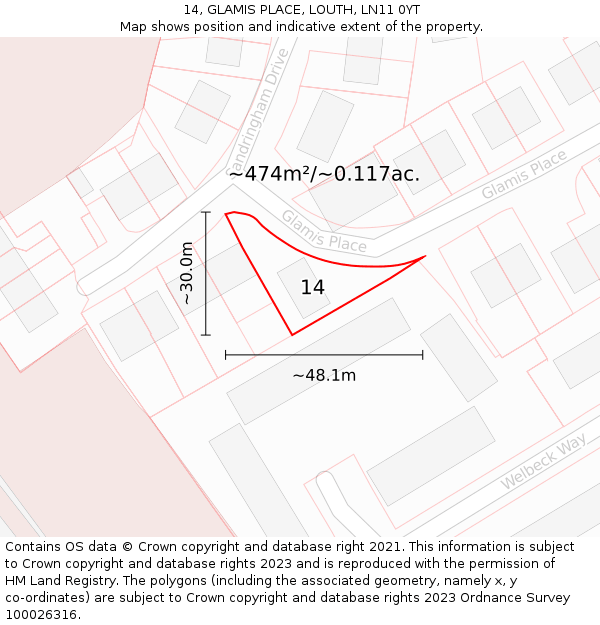 14, GLAMIS PLACE, LOUTH, LN11 0YT: Plot and title map