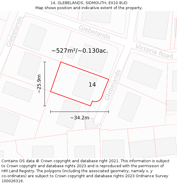 14, GLEBELANDS, SIDMOUTH, EX10 8UD: Plot and title map