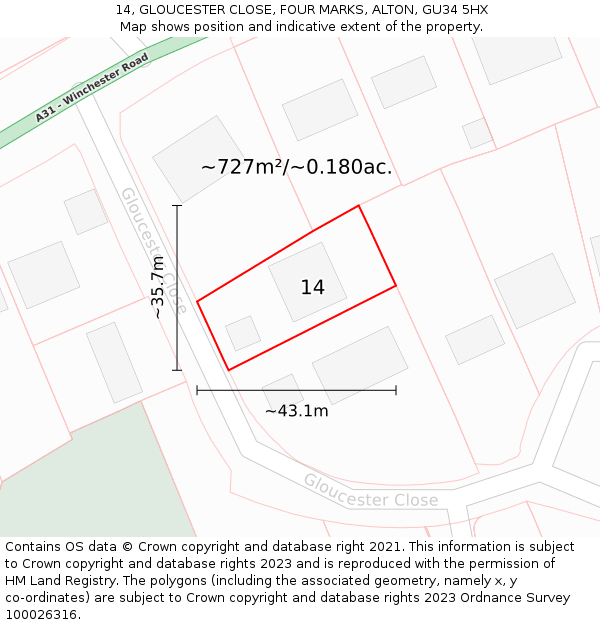 14, GLOUCESTER CLOSE, FOUR MARKS, ALTON, GU34 5HX: Plot and title map