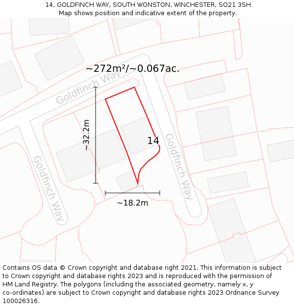 14, GOLDFINCH WAY, SOUTH WONSTON, WINCHESTER, SO21 3SH: Plot and title map