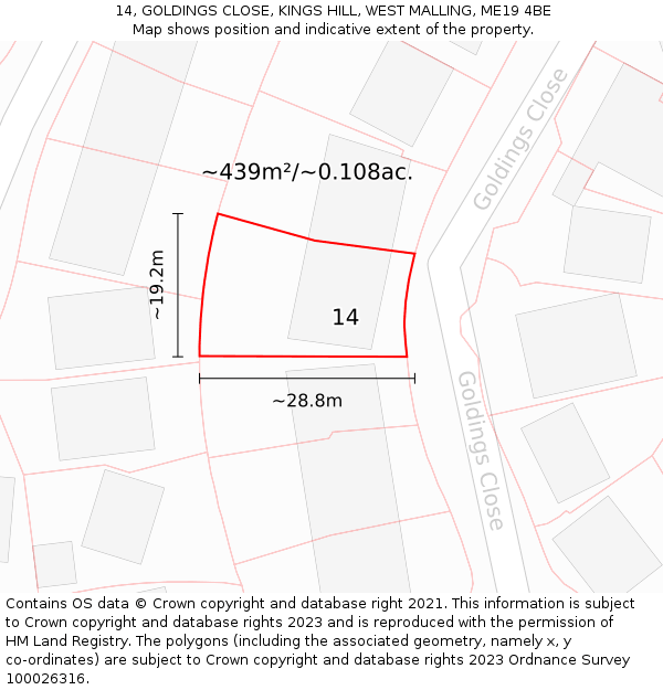 14, GOLDINGS CLOSE, KINGS HILL, WEST MALLING, ME19 4BE: Plot and title map