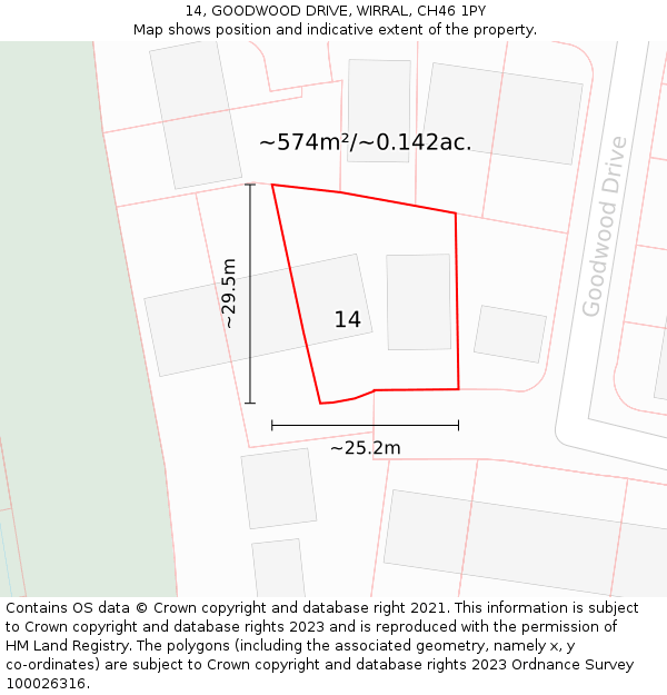 14, GOODWOOD DRIVE, WIRRAL, CH46 1PY: Plot and title map