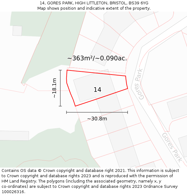 14, GORES PARK, HIGH LITTLETON, BRISTOL, BS39 6YG: Plot and title map