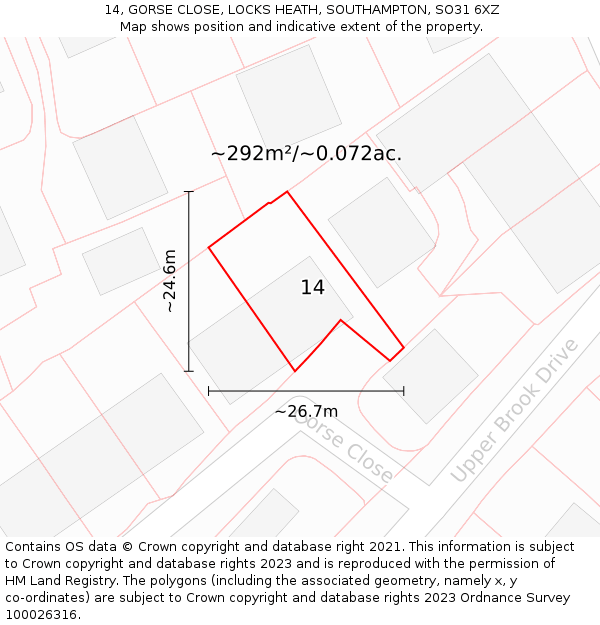 14, GORSE CLOSE, LOCKS HEATH, SOUTHAMPTON, SO31 6XZ: Plot and title map