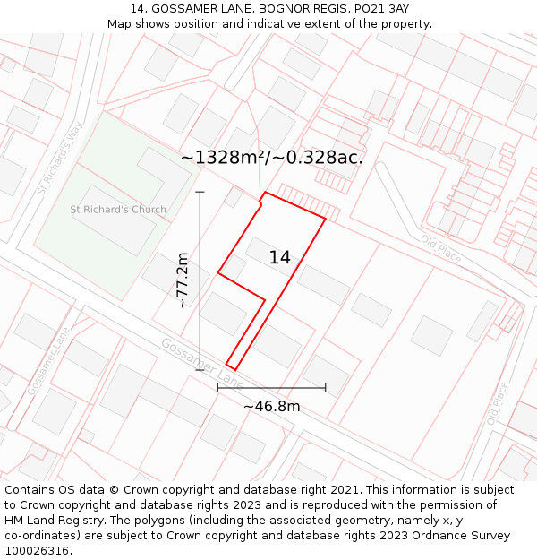 14, GOSSAMER LANE, BOGNOR REGIS, PO21 3AY: Plot and title map