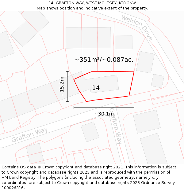 14, GRAFTON WAY, WEST MOLESEY, KT8 2NW: Plot and title map