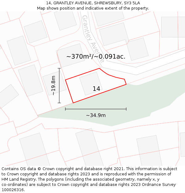 14, GRANTLEY AVENUE, SHREWSBURY, SY3 5LA: Plot and title map