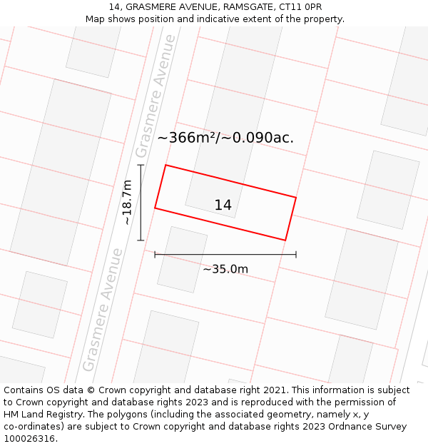 14, GRASMERE AVENUE, RAMSGATE, CT11 0PR: Plot and title map