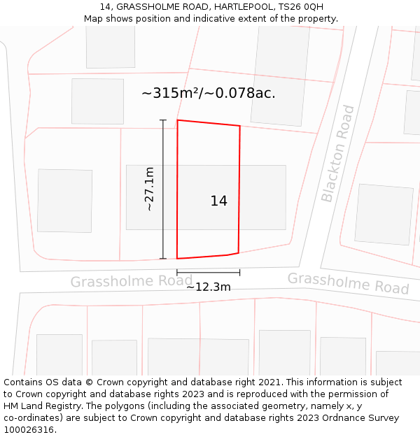 14, GRASSHOLME ROAD, HARTLEPOOL, TS26 0QH: Plot and title map