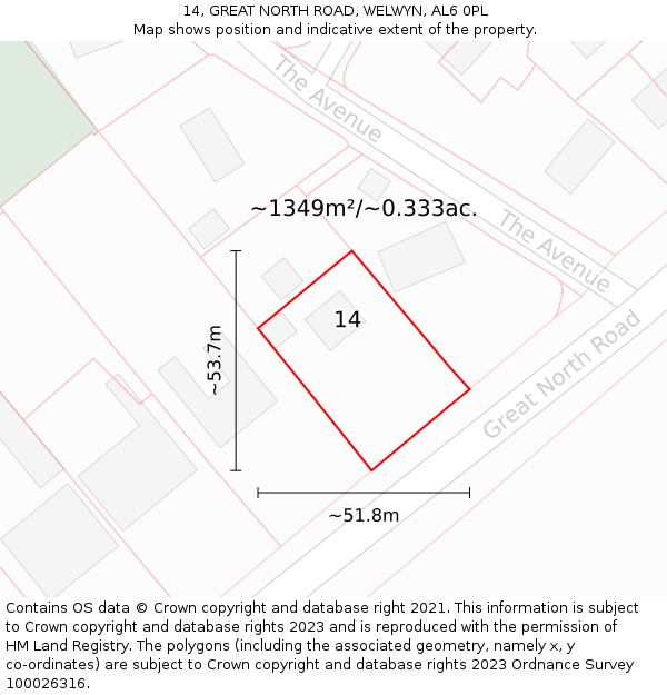 14, GREAT NORTH ROAD, WELWYN, AL6 0PL: Plot and title map