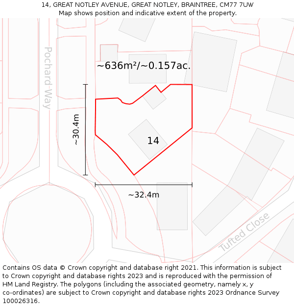 14, GREAT NOTLEY AVENUE, GREAT NOTLEY, BRAINTREE, CM77 7UW: Plot and title map