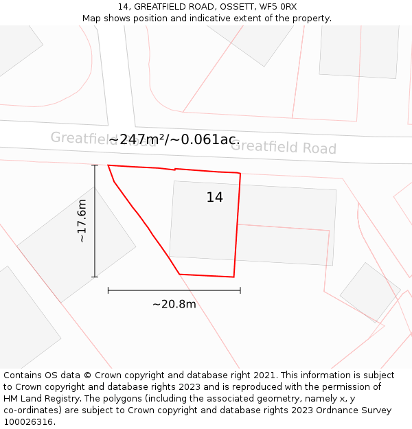 14, GREATFIELD ROAD, OSSETT, WF5 0RX: Plot and title map